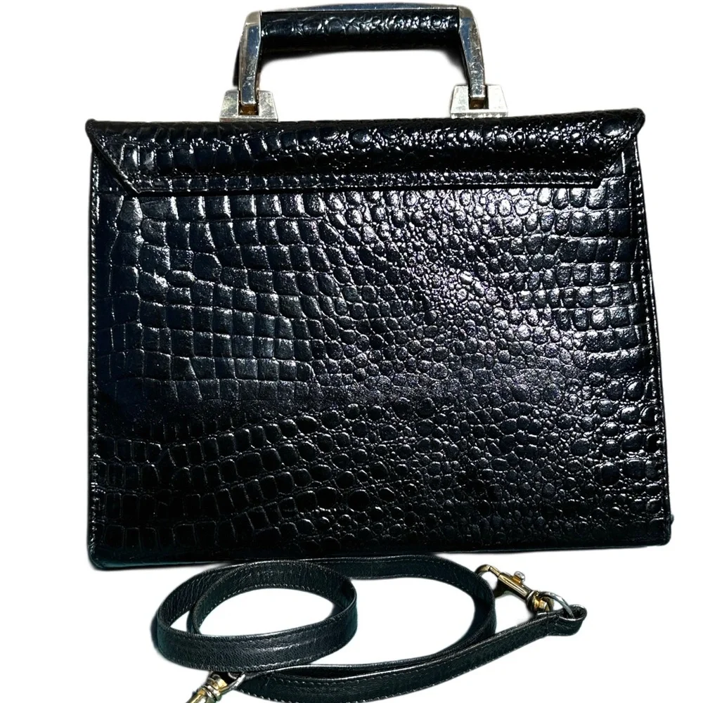 MICHELLE GENUINE LEATHER 80’s Croc-Embossed Black Burgundy Handle Satchel Strap